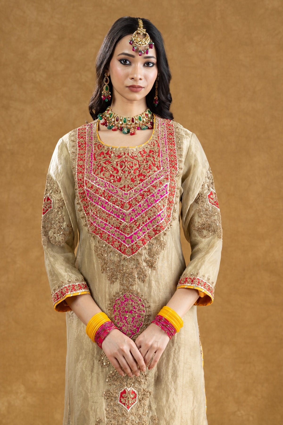 Ivory Tissue Kurta Palazzo Set with Dori Kasab & Sequin Dabka Hand Work