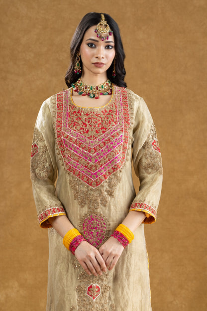 Ivory Tissue Kurta Palazzo Set with Dori Kasab & Sequin Dabka Hand Work