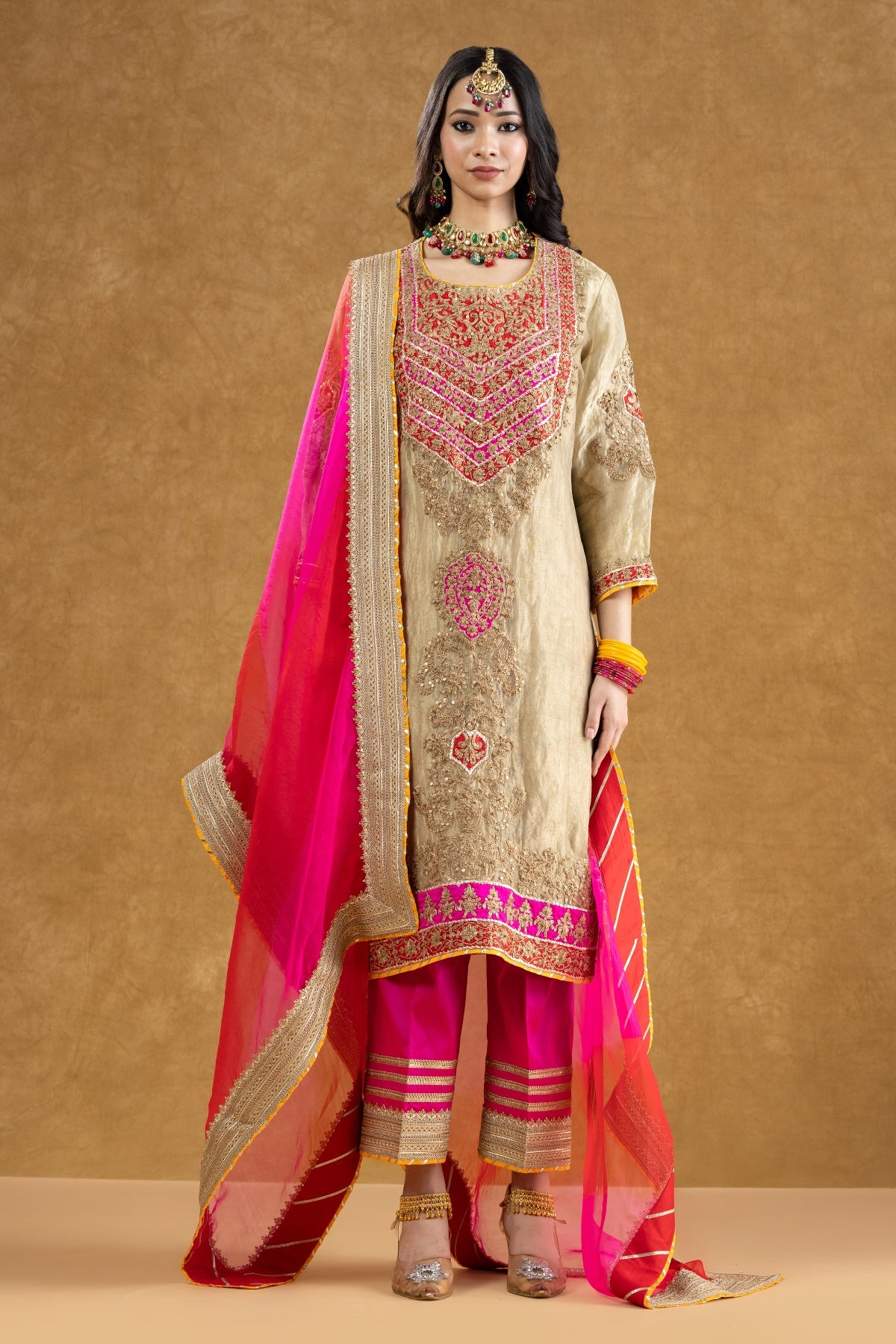 Ivory Tissue Kurta Palazzo Set with Dori Kasab & Sequin Dabka Hand Work