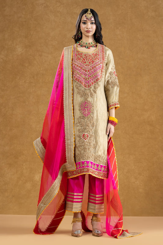 Ivory Tissue Kurta Palazzo Set with Dori Kasab & Sequin Dabka Hand Work