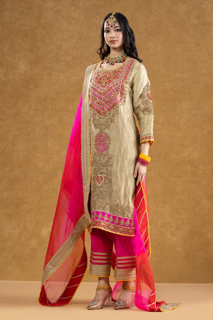Ivory Tissue Kurta Palazzo Set with Dori Kasab & Sequin Dabka Hand Work