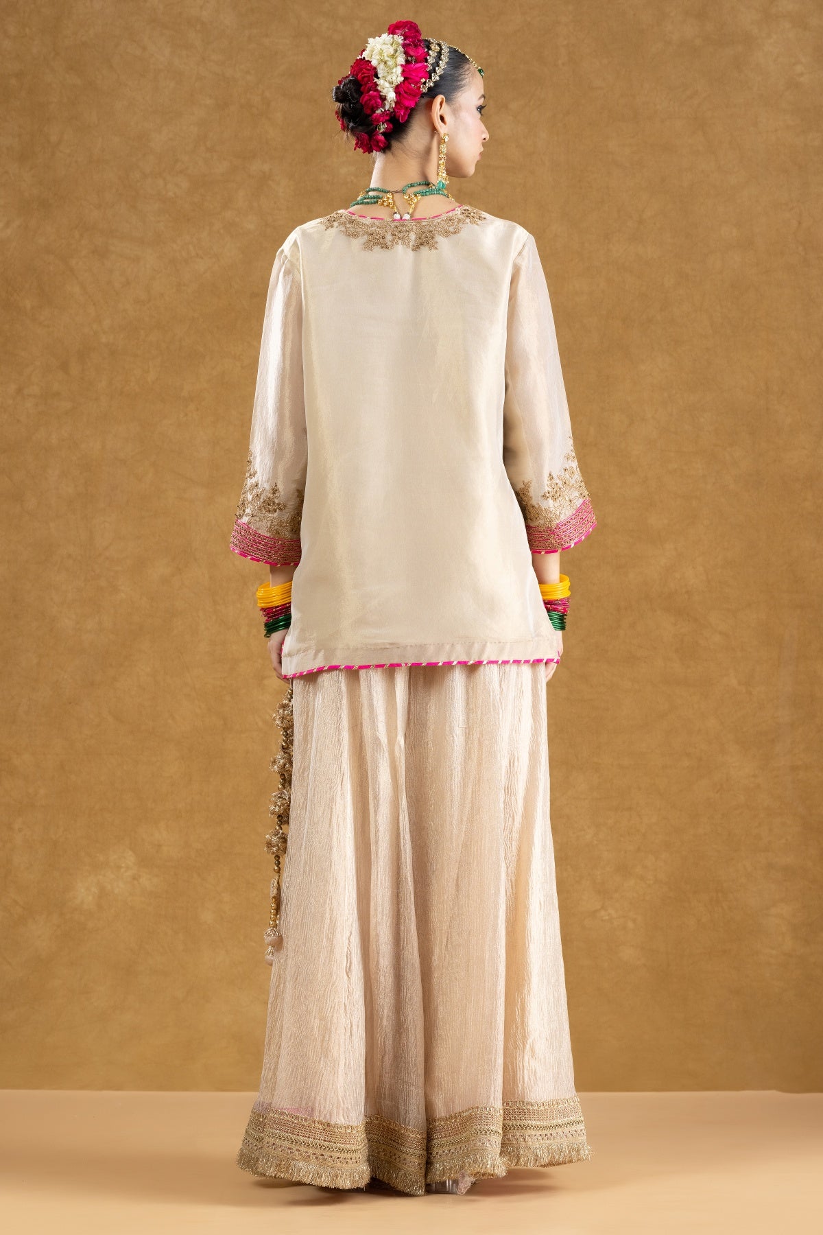 Ivory Banarasi Tissue Kurta Sharara Set with Dori Sequin Hand Work
