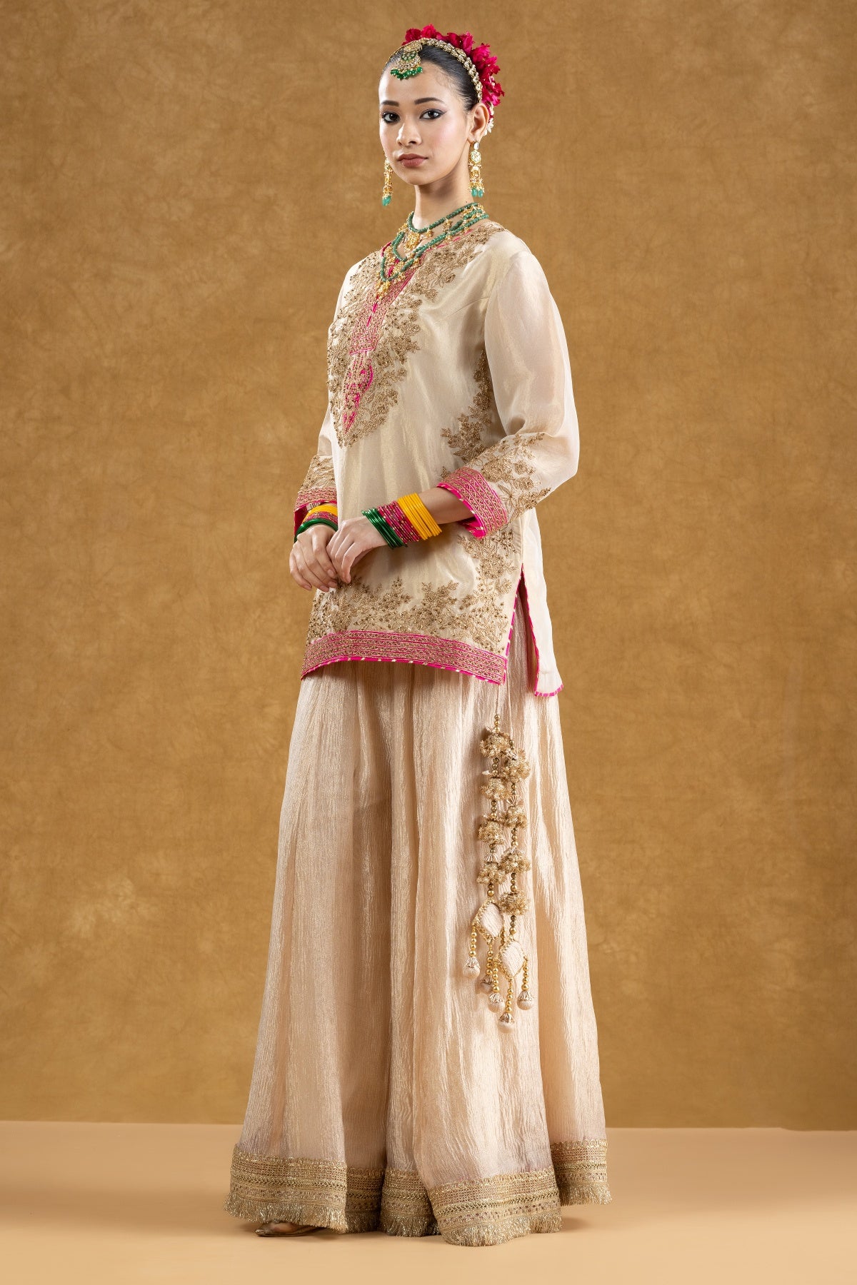 Ivory Banarasi Tissue Kurta Sharara Set with Dori Sequin Hand Work
