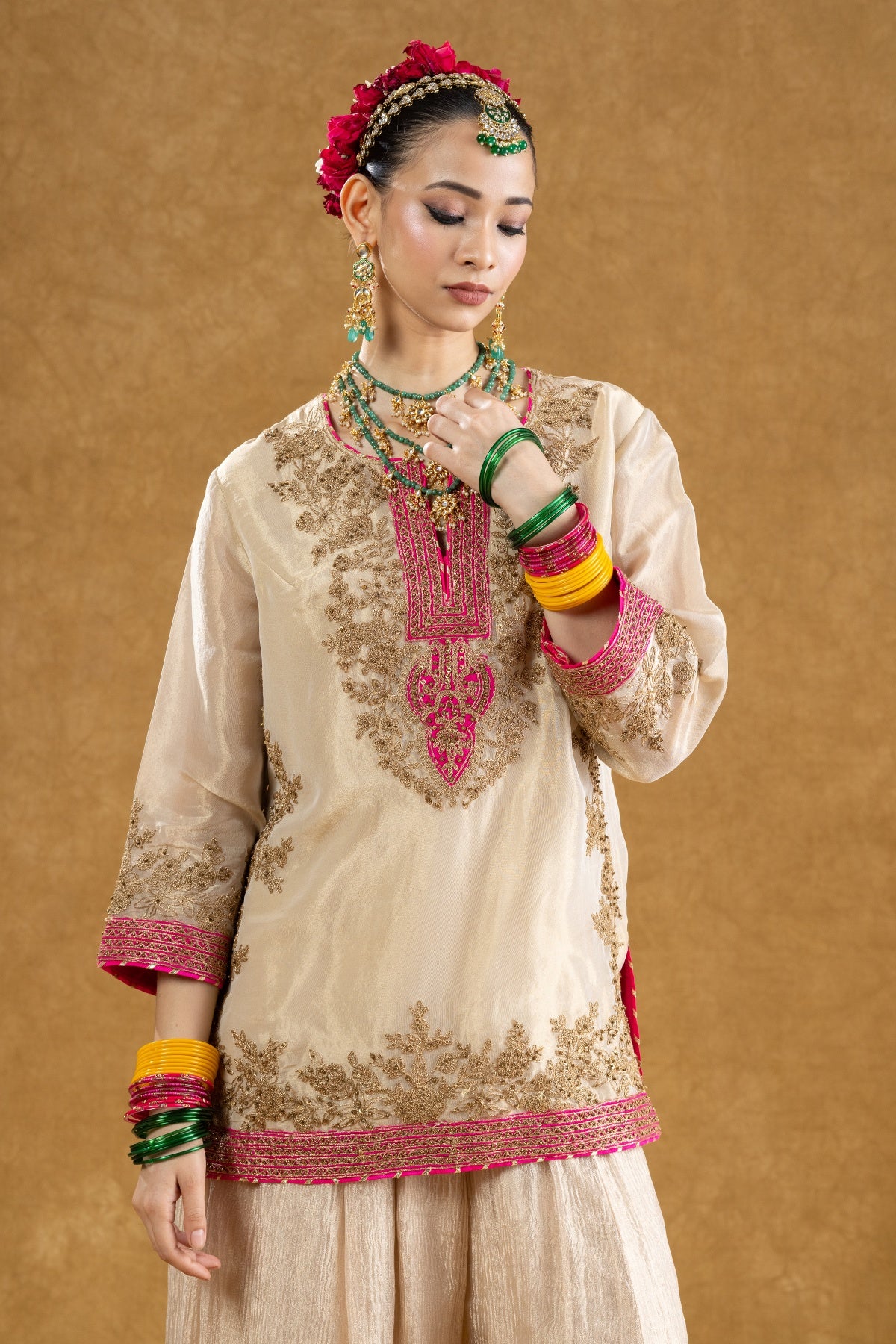 Ivory Banarasi Tissue Kurta Sharara Set with Dori Sequin Hand Work