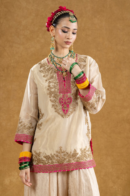 Ivory Banarasi Tissue Kurta Sharara Set with Dori Sequin Hand Work