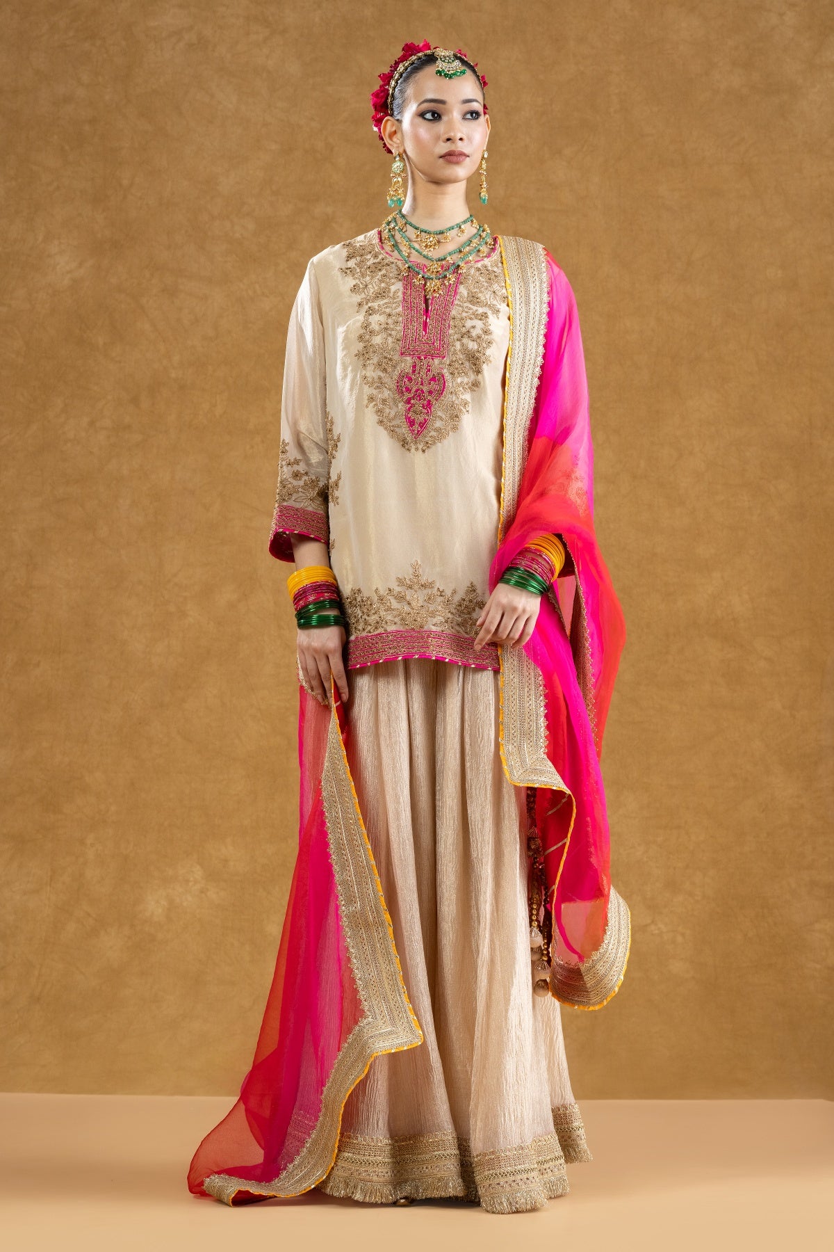 Ivory Banarasi Tissue Kurta Sharara Set with Dori Sequin Hand Work