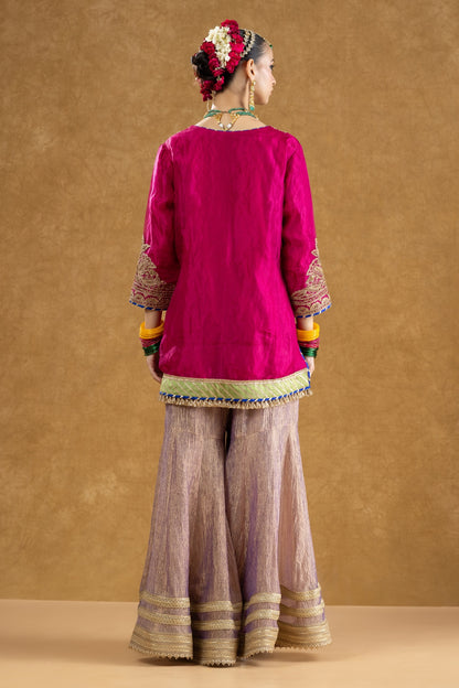 Rani Pink Banarasi Tissue Kurta Sharara Set with Dori Sequin Hand Work