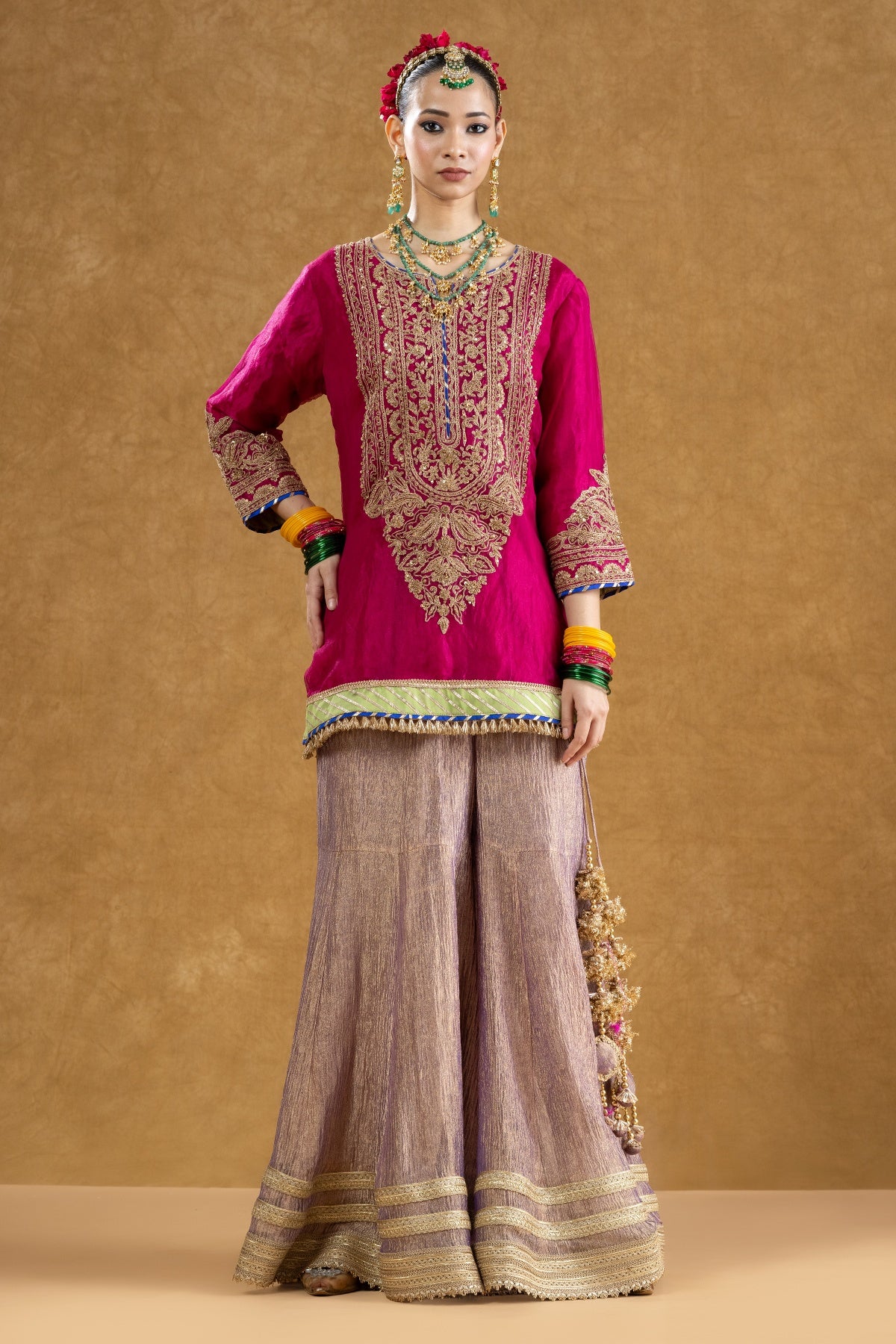Rani Pink Banarasi Tissue Kurta Sharara Set with Dori Sequin Hand Work