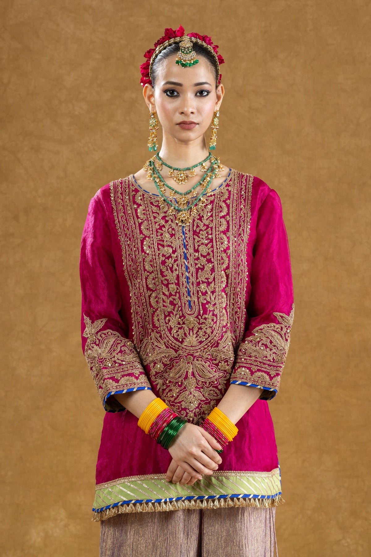 Rani Pink Banarasi Tissue Kurta Sharara Set with Dori Sequin Hand Work