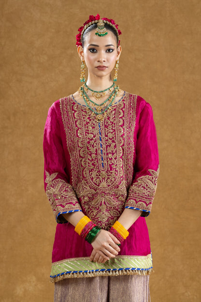 Rani Pink Banarasi Tissue Kurta Sharara Set with Dori Sequin Hand Work