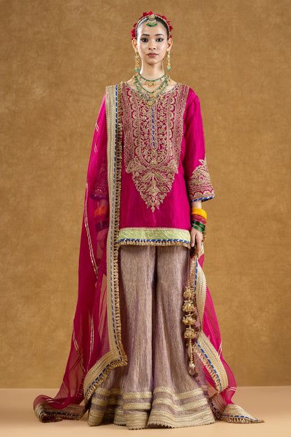 Rani Pink Banarasi Tissue Kurta Sharara Set with Dori Sequin Hand Work