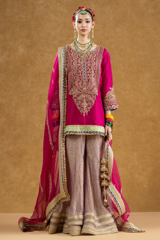 Rani Pink Banarasi Tissue Kurta Sharara Set with Dori Sequin Hand Work