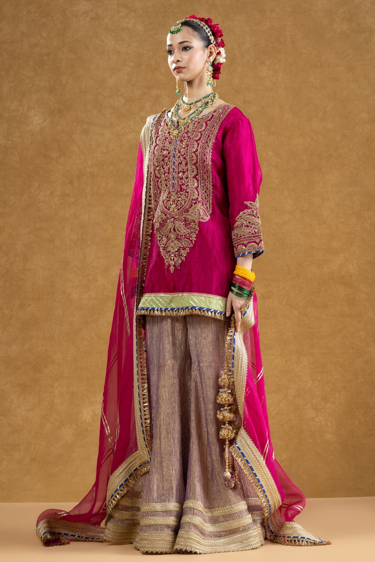 Rani Pink Banarasi Tissue Kurta Sharara Set with Dori Sequin Hand Work