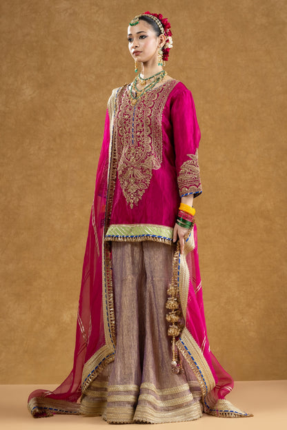 Rani Pink Banarasi Tissue Kurta Sharara Set with Dori Sequin Hand Work