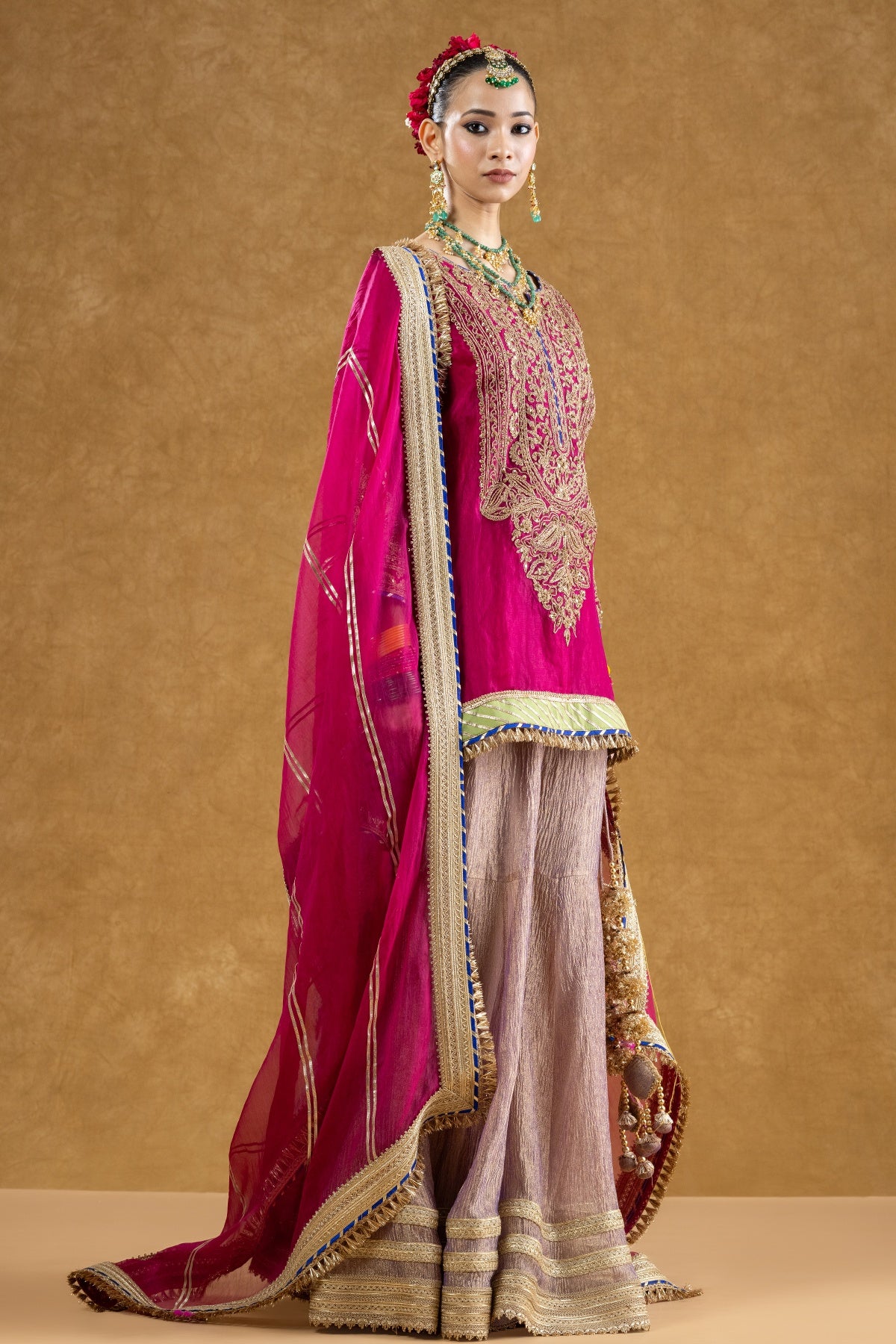 Rani Pink Banarasi Tissue Kurta Sharara Set with Dori Sequin Hand Work