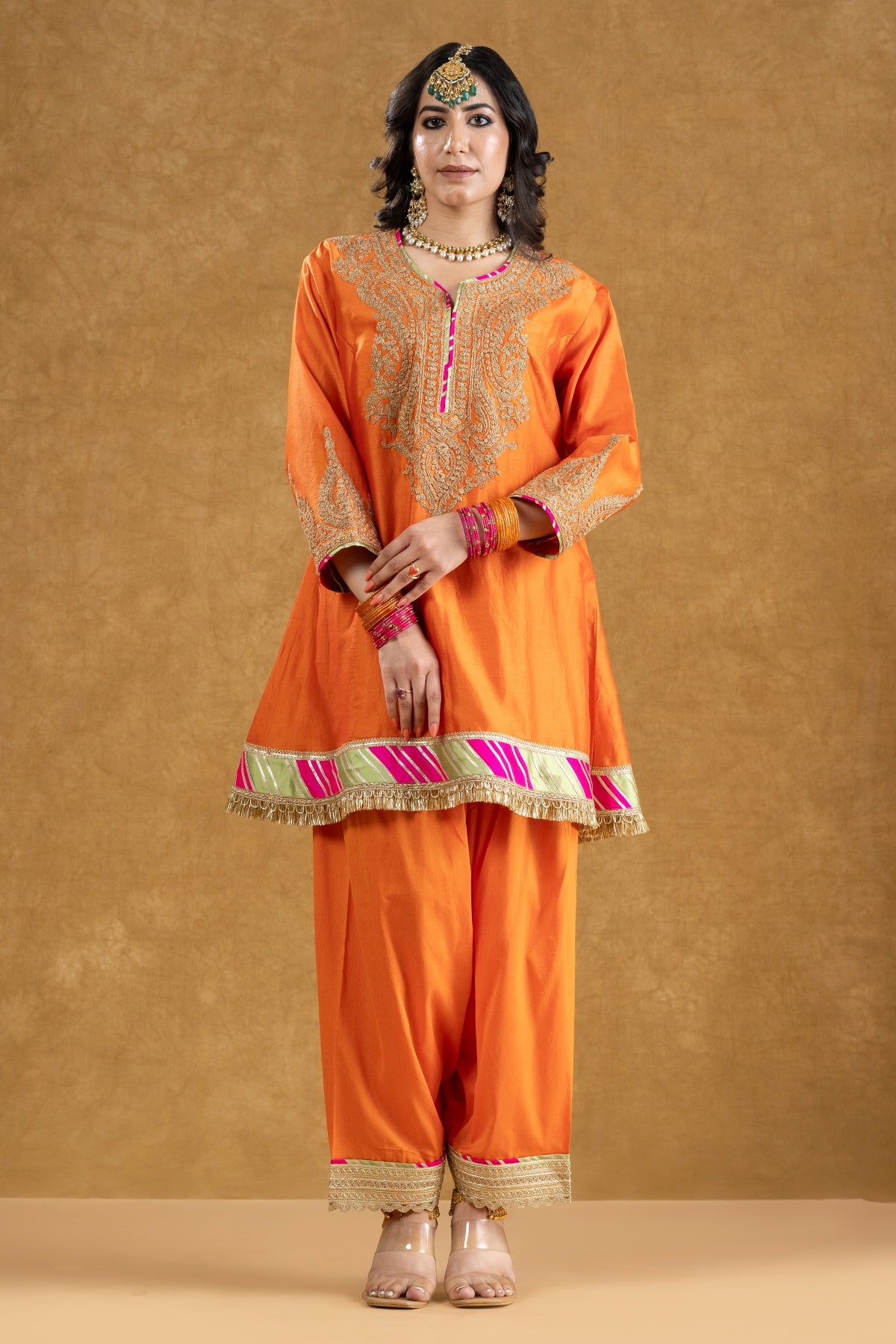 Orange Chanderi Kurta Pant Set with Dori Hand Work