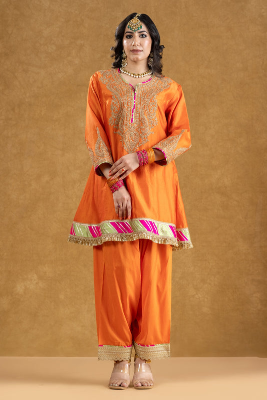 Orange Chanderi Kurta Pant Set with Dori Hand Work