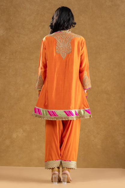 Orange Chanderi Kurta Pant Set with Dori Hand Work