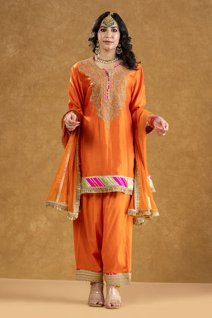Orange Chanderi Kurta Pant Set with Dori Hand Work