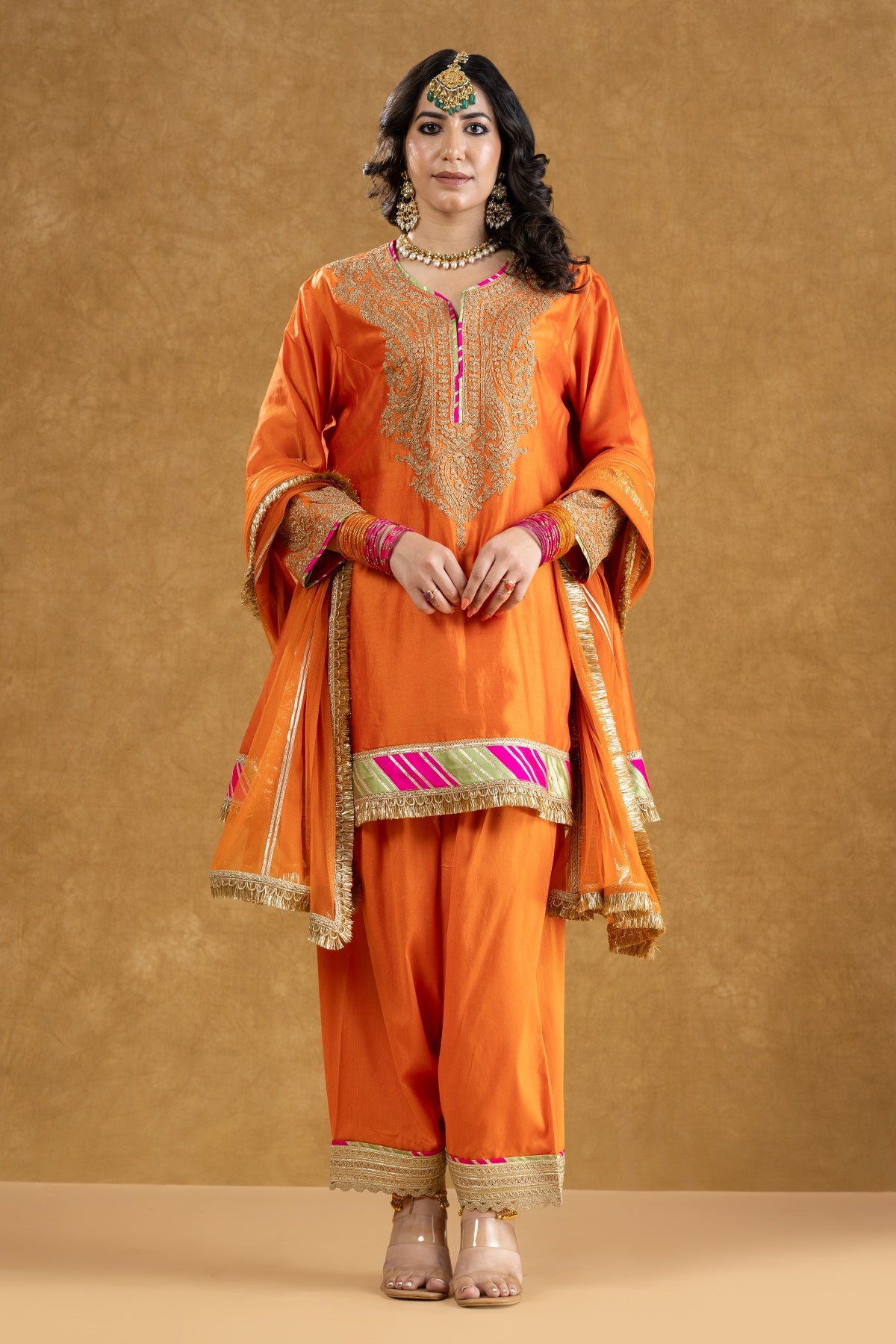 Orange Chanderi Kurta Pant Set with Dori Hand Work