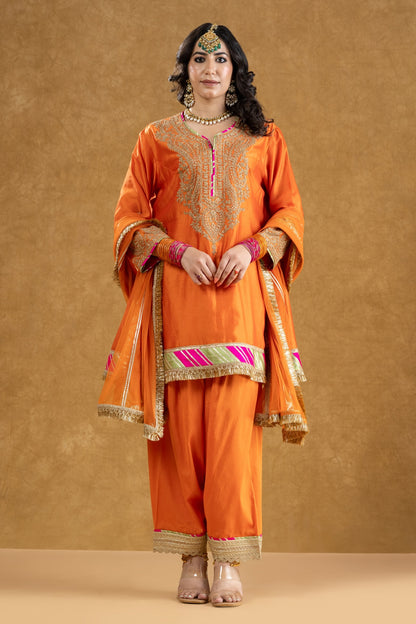 Orange Chanderi Kurta Pant Set with Dori Hand Work