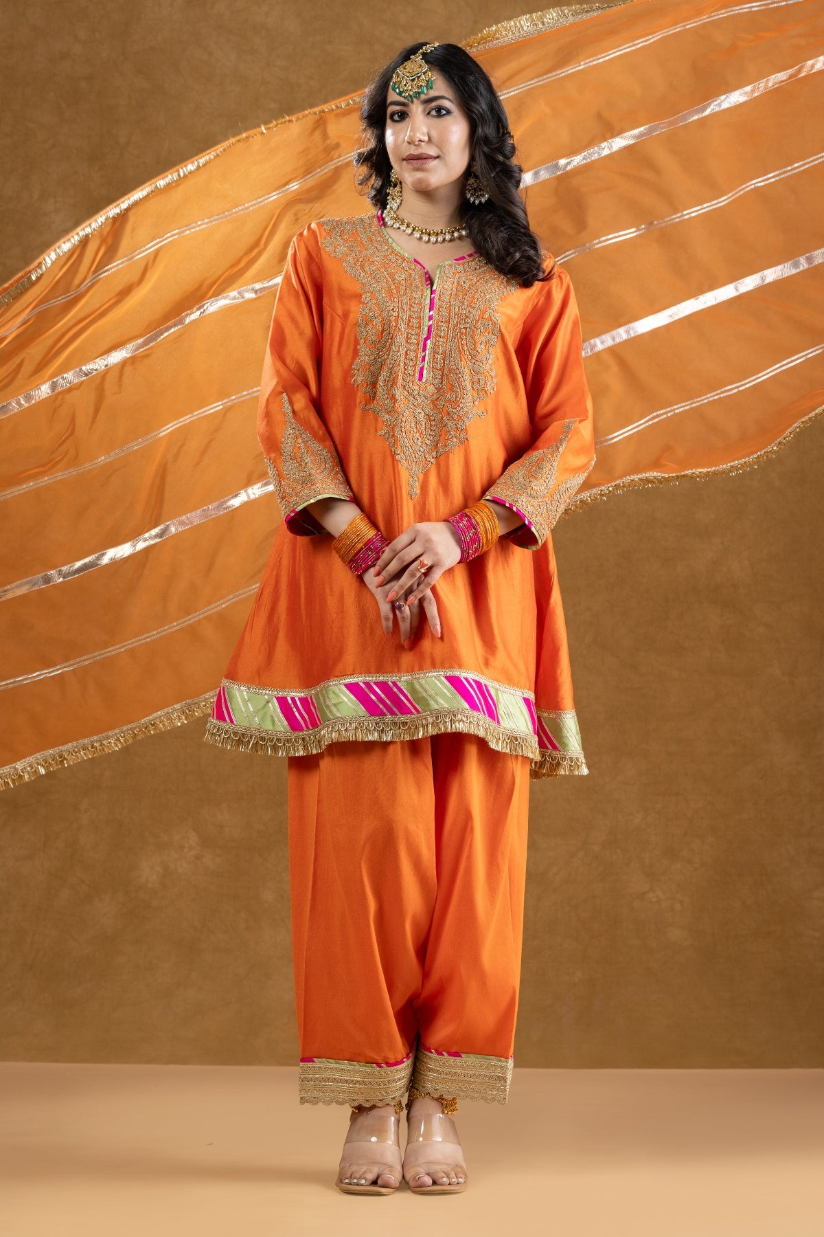 Orange Chanderi Kurta Pant Set with Dori Hand Work