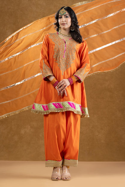 Orange Chanderi Kurta Pant Set with Dori Hand Work