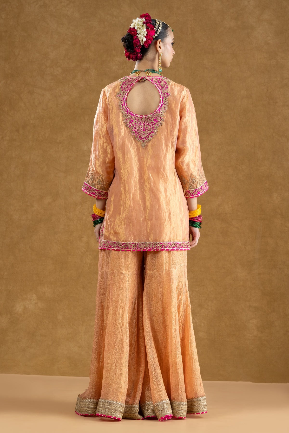 Peach Banarasi Tissue Kurta Sharara Set with Dori Sequin Hand Work