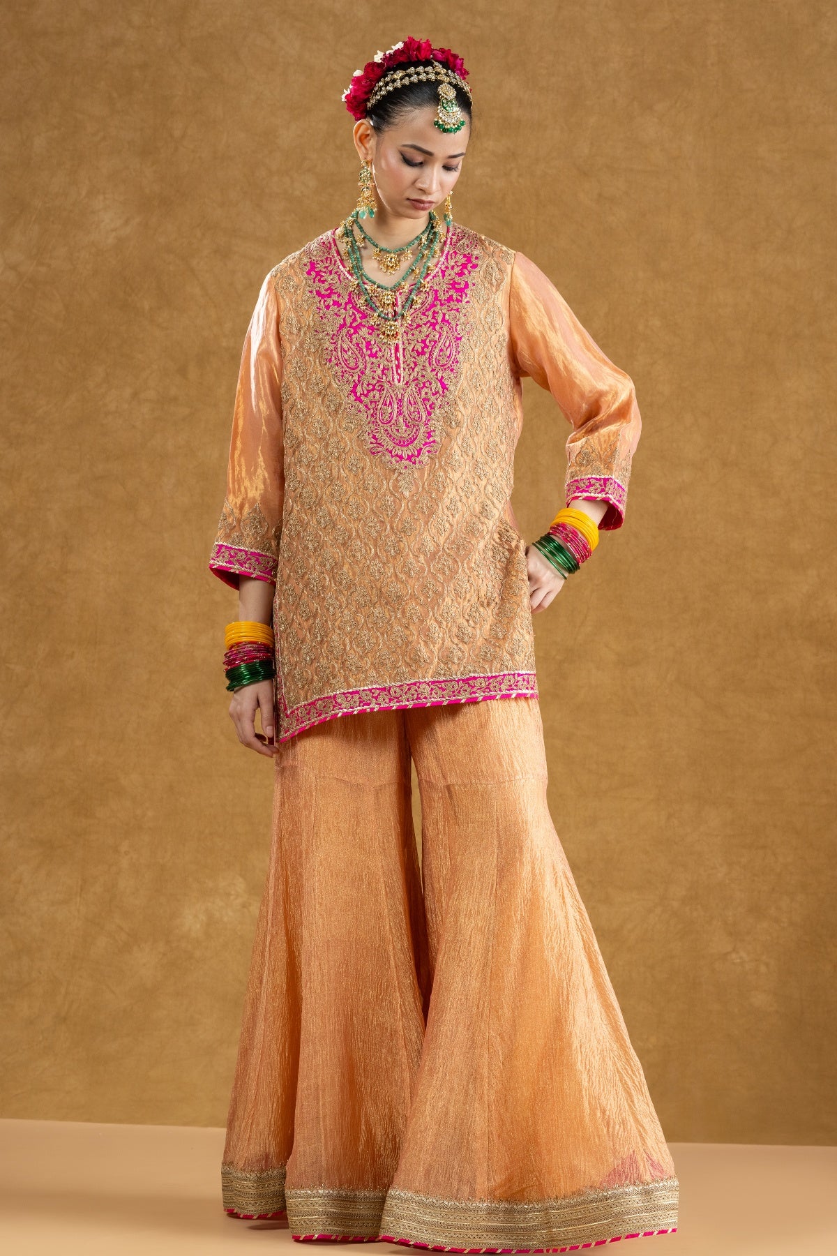 Peach Banarasi Tissue Kurta Sharara Set with Dori Sequin Hand Work