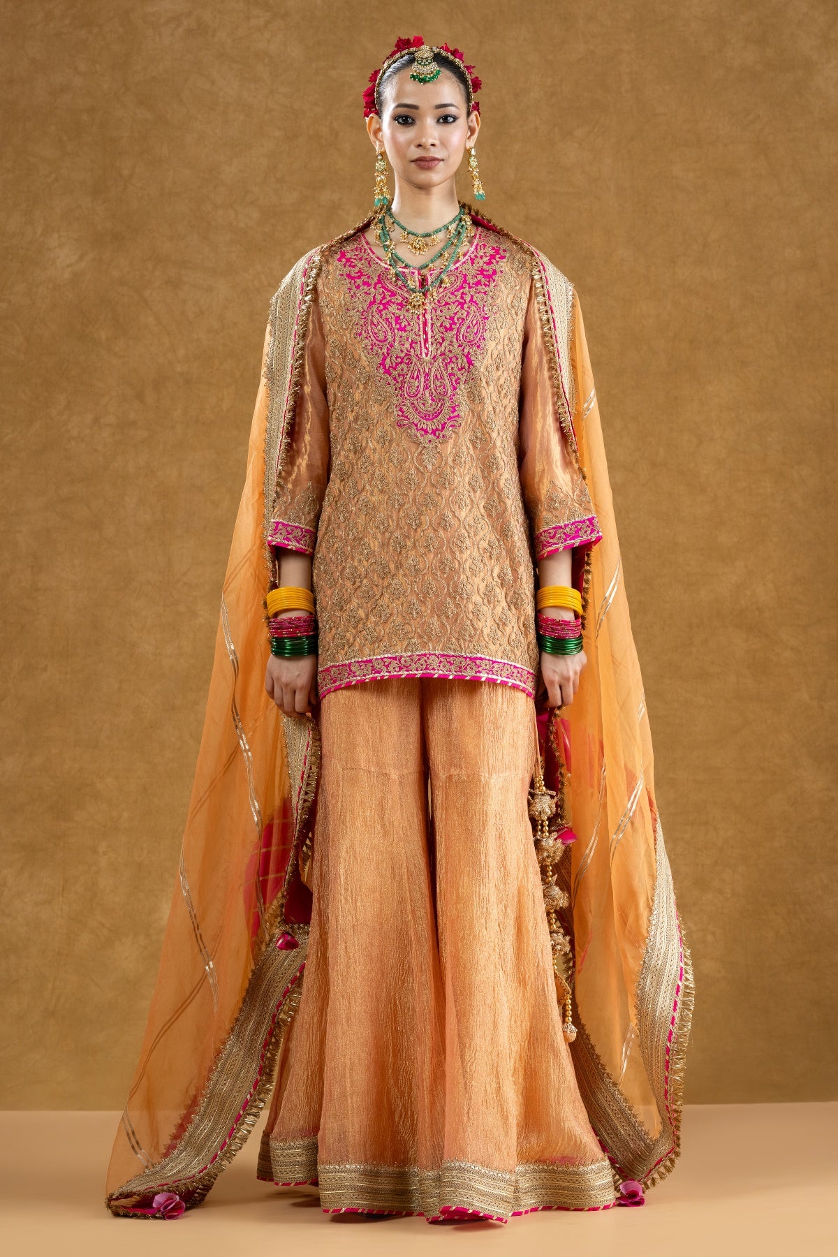 Peach Banarasi Tissue Kurta Sharara Set with Dori Sequin Hand Work