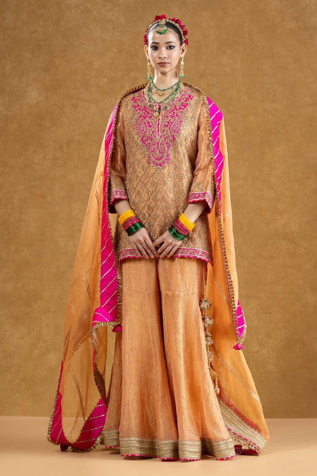 Peach Banarasi Tissue Kurta Sharara Set with Dori Sequin Hand Work