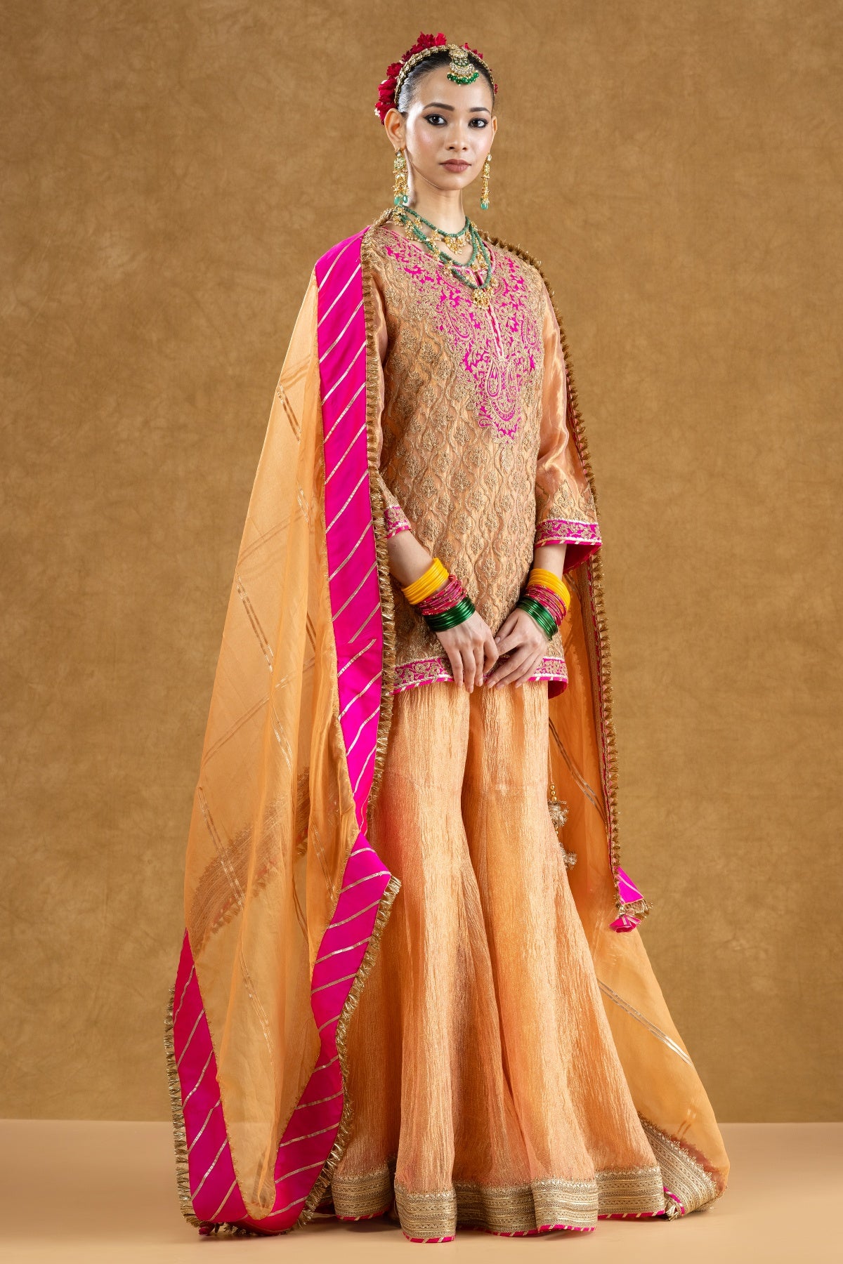 Peach Banarasi Tissue Kurta Sharara Set with Dori Sequin Hand Work