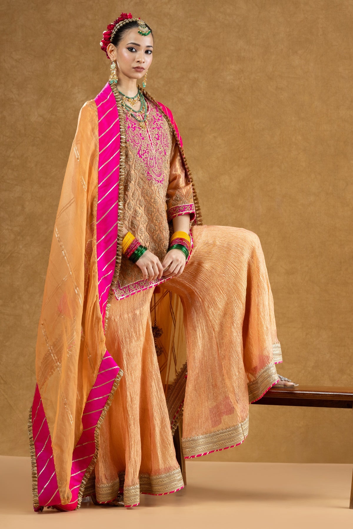 Peach Banarasi Tissue Kurta Sharara Set with Dori Sequin Hand Work