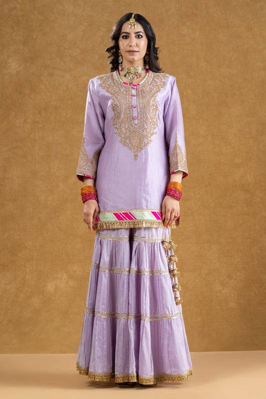 Lilac Chanderi Kurta 3-Layered Katan Silk Gharara Set with Dori Sequin Work