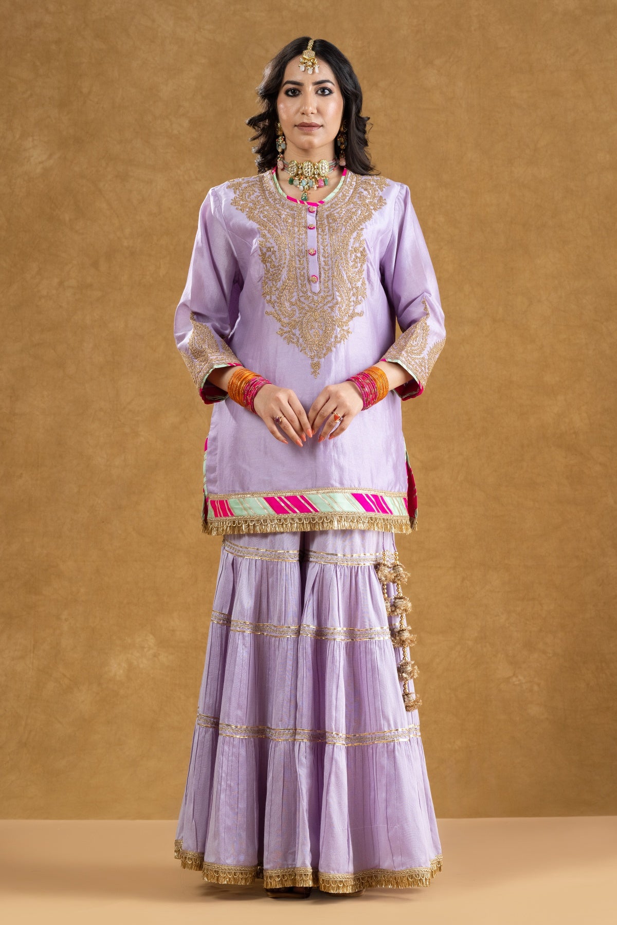 Lilac Chanderi Kurta 3-Layered Katan Silk Gharara Set with Dori Sequin Work