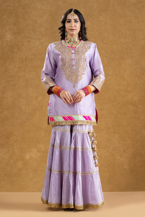Lilac Chanderi Kurta 3-Layered Katan Silk Gharara Set with Dori Sequin Work