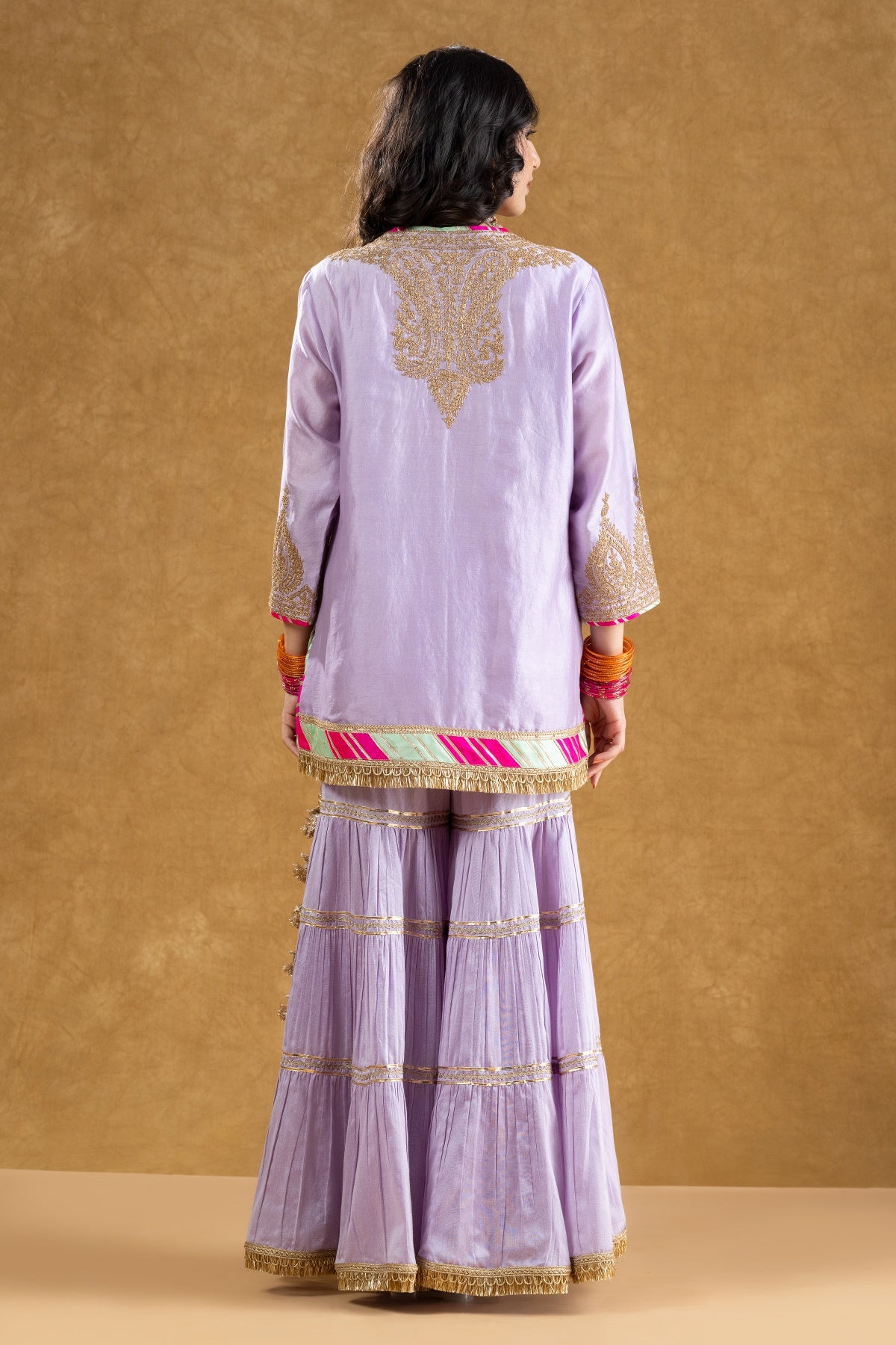 Lilac Chanderi Kurta 3-Layered Katan Silk Gharara Set with Dori Sequin Work