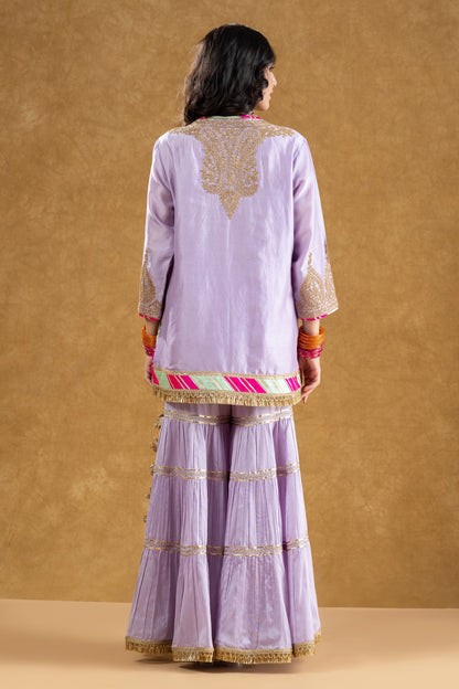 Lilac Chanderi Kurta 3-Layered Katan Silk Gharara Set with Dori Sequin Work