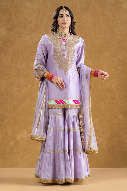 Lilac Chanderi Kurta 3-Layered Katan Silk Gharara Set with Dori Sequin Work
