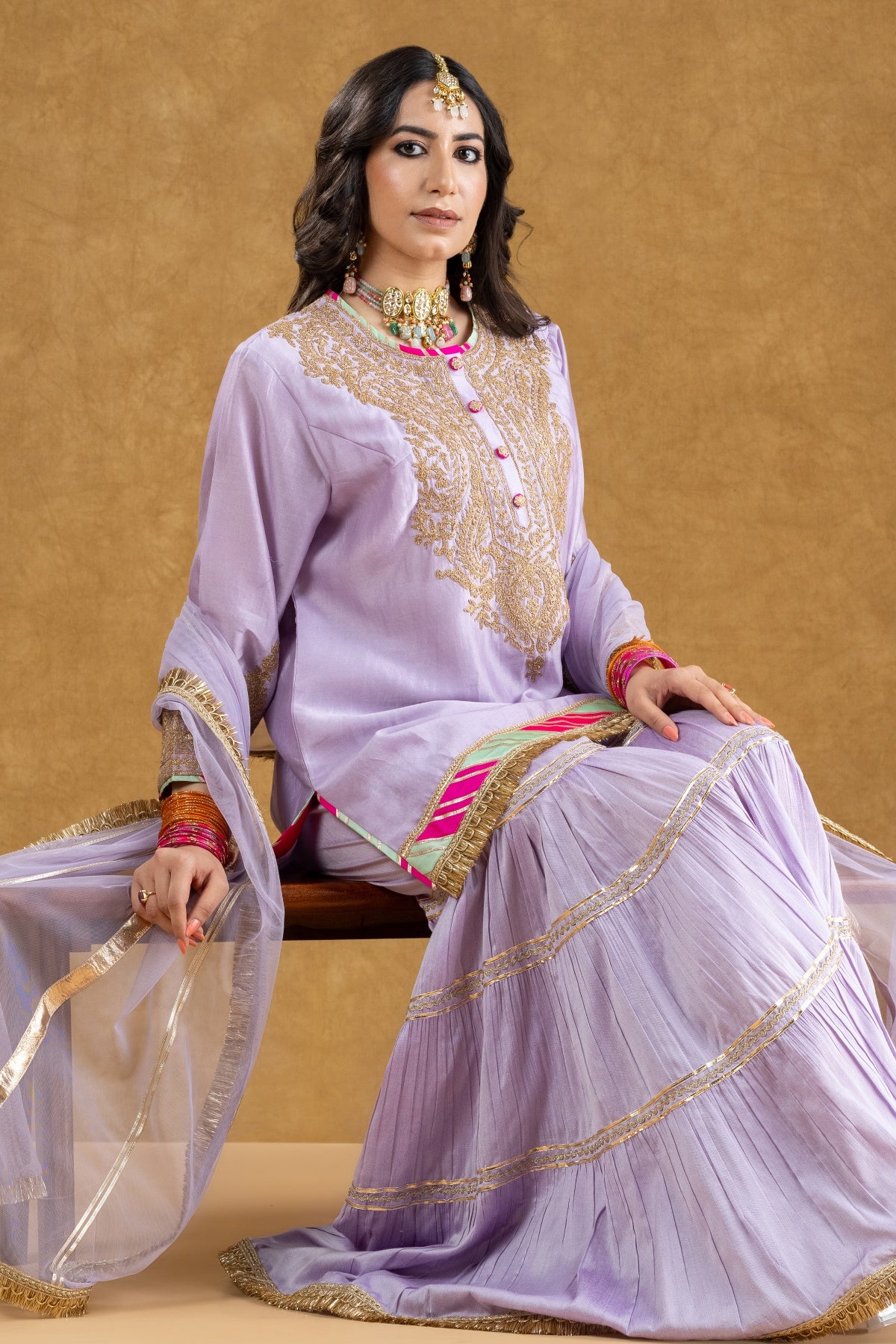 Lilac Chanderi Kurta 3-Layered Katan Silk Gharara Set with Dori Sequin Work