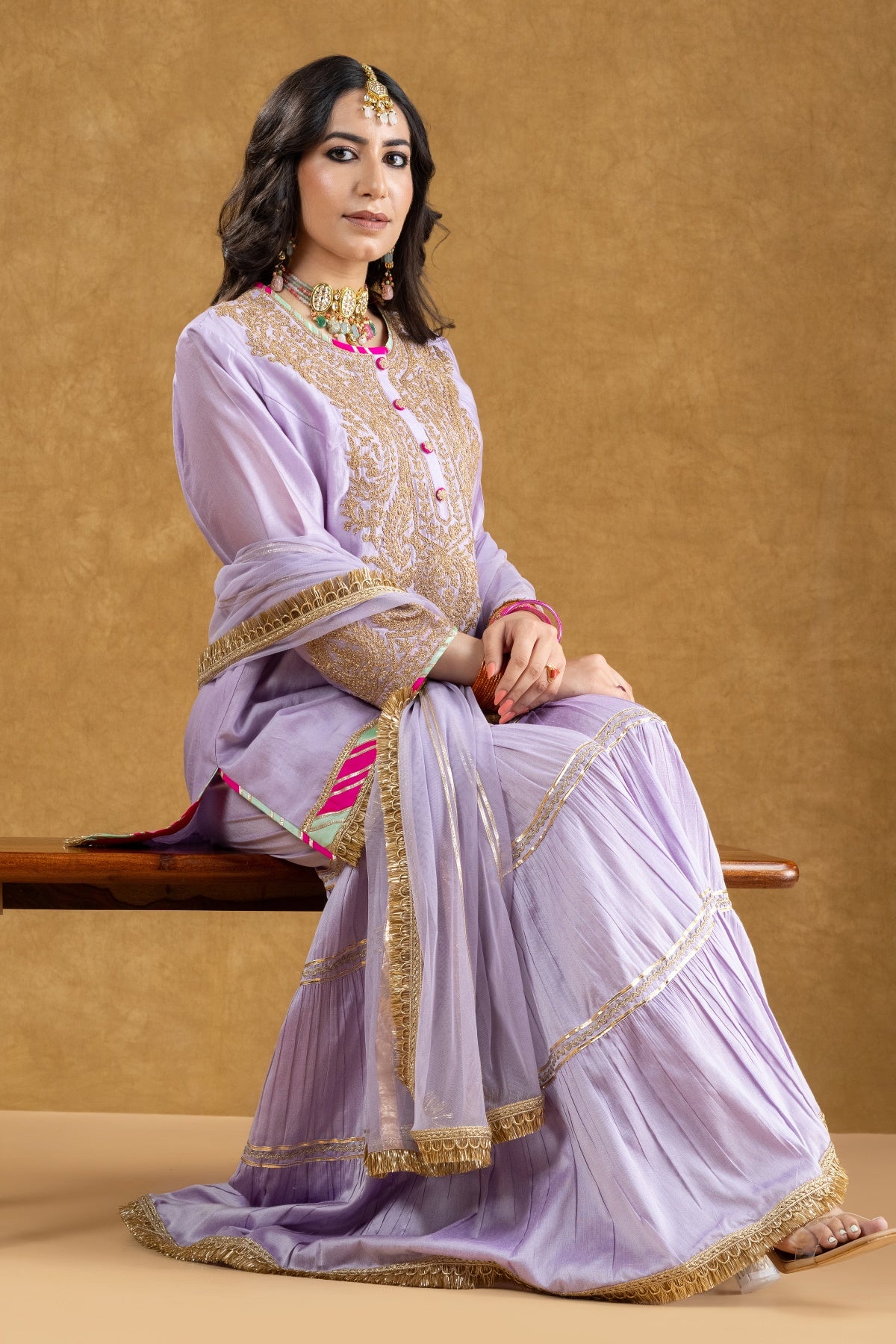 Lilac Chanderi Kurta 3-Layered Katan Silk Gharara Set with Dori Sequin Work