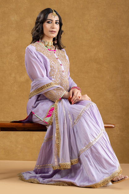 Lilac Chanderi Kurta 3-Layered Katan Silk Gharara Set with Dori Sequin Work