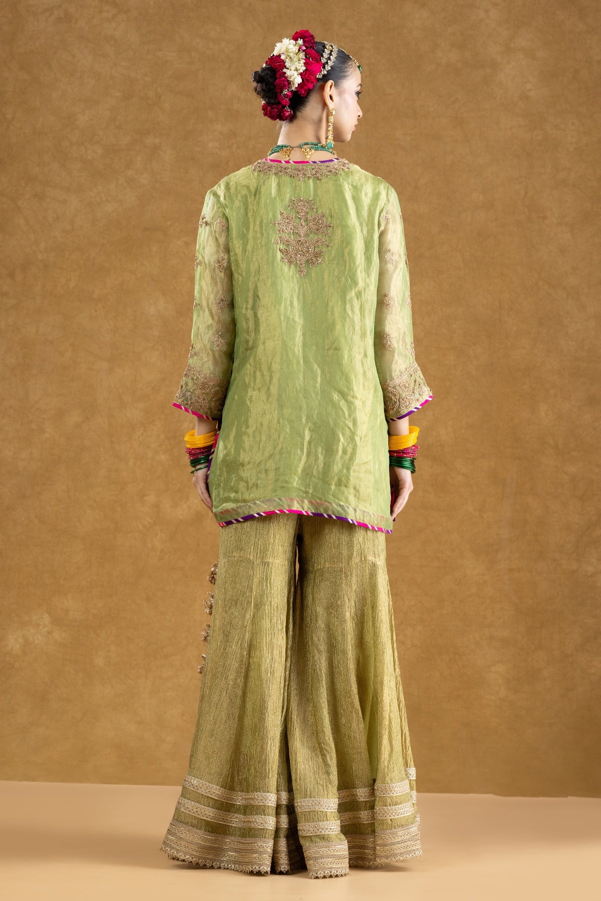 Pista Green Tissue Kurta Sharara Set with Dori Kasab Hand Work