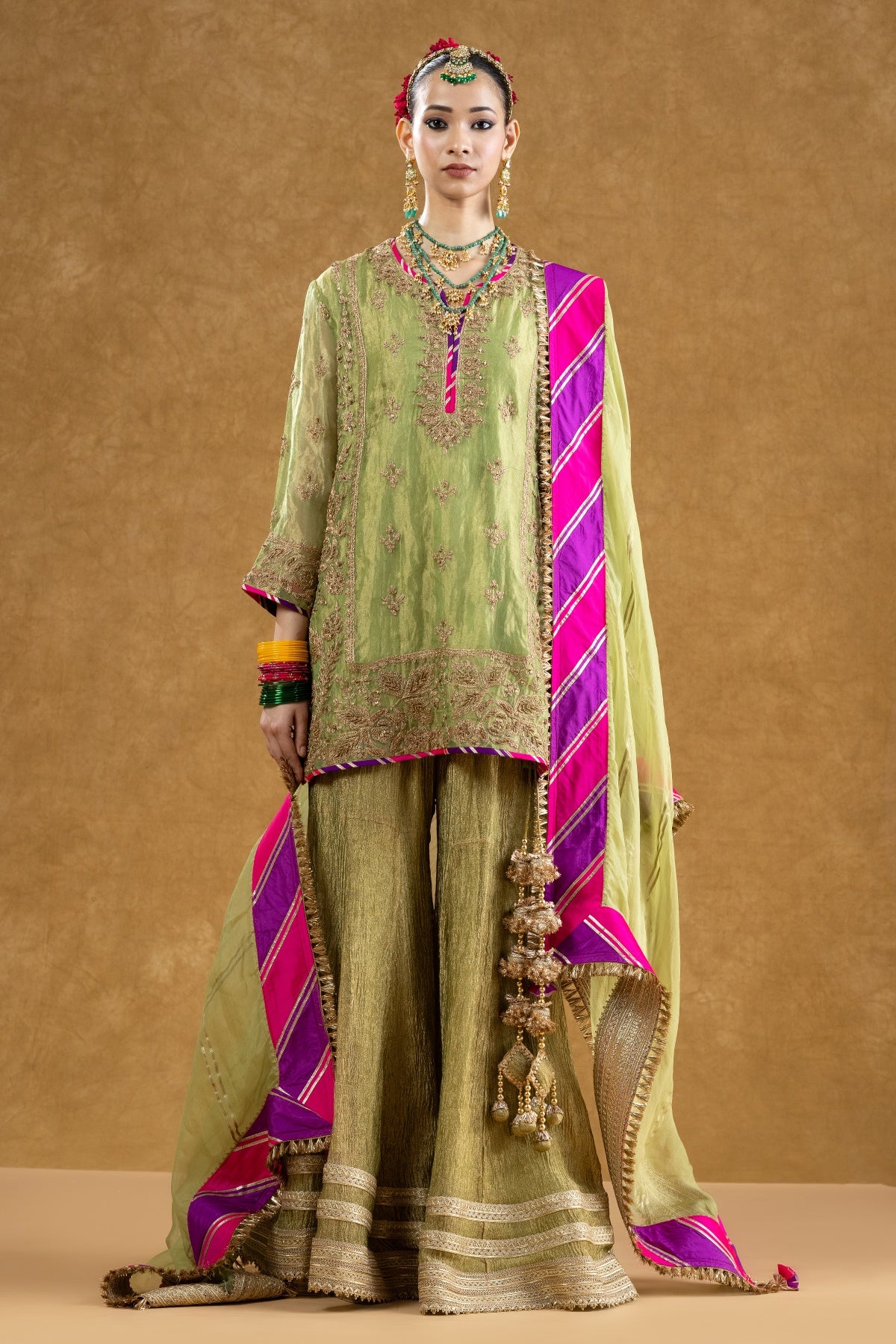 Pista Green Tissue Kurta Sharara Set with Dori Kasab Hand Work