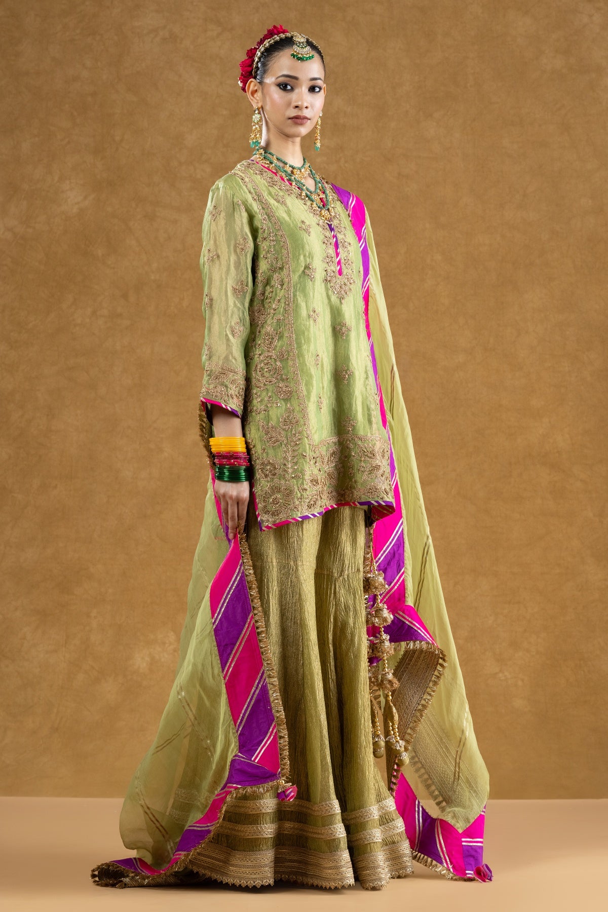 Pista Green Tissue Kurta Sharara Set with Dori Kasab Hand Work