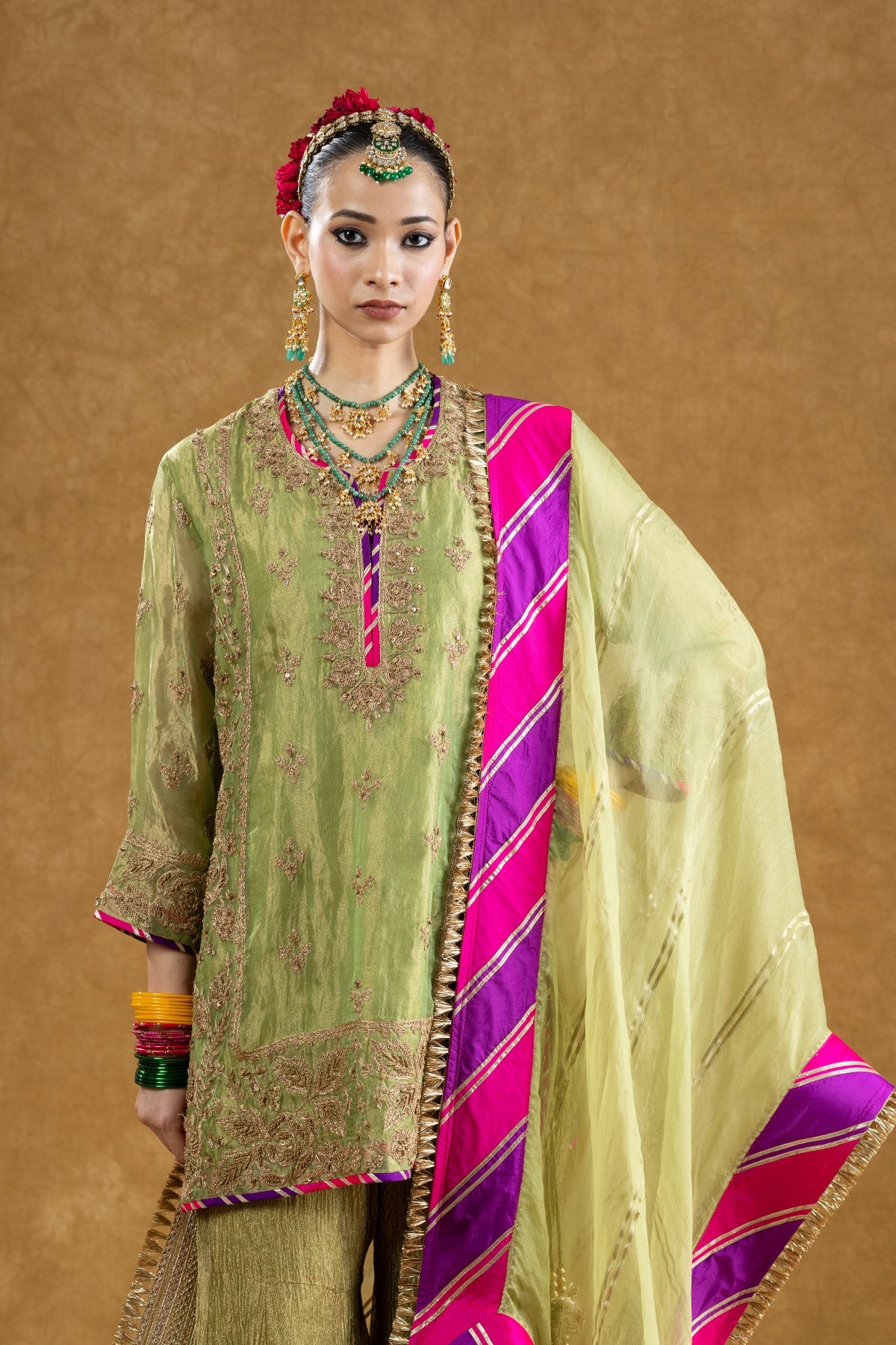 Pista Green Tissue Kurta Sharara Set with Dori Kasab Hand Work