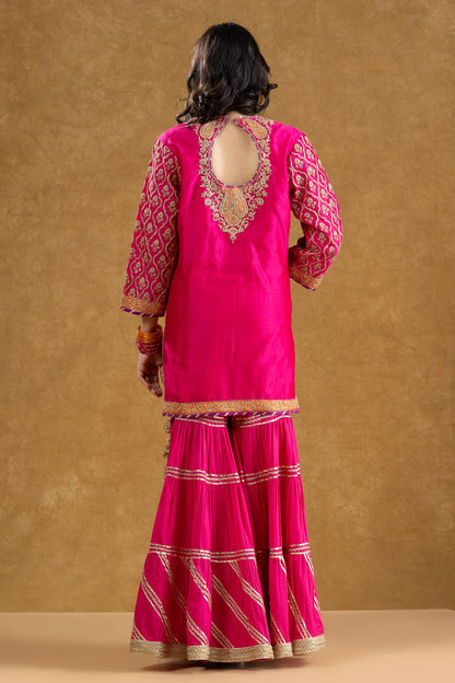 Rani Pink Chanderi Jaal Work Kurta 3-Layered Gota Gharara Set