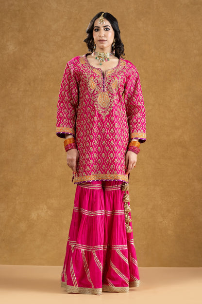 Rani Pink Chanderi Jaal Work Kurta 3-Layered Gota Gharara Set