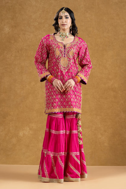 Rani Pink Chanderi Jaal Work Kurta 3-Layered Gota Gharara Set