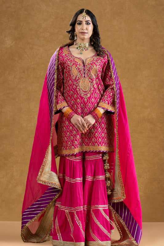 Rani Pink Chanderi Jaal Work Kurta 3-Layered Gota Gharara Set